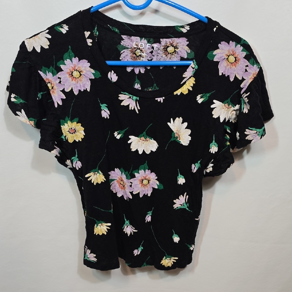 LOFT Linen Flutter Sleeve Daisy Print Top Ladies XS